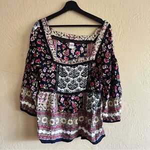 Bila Navy Floral Patchwork Blouse